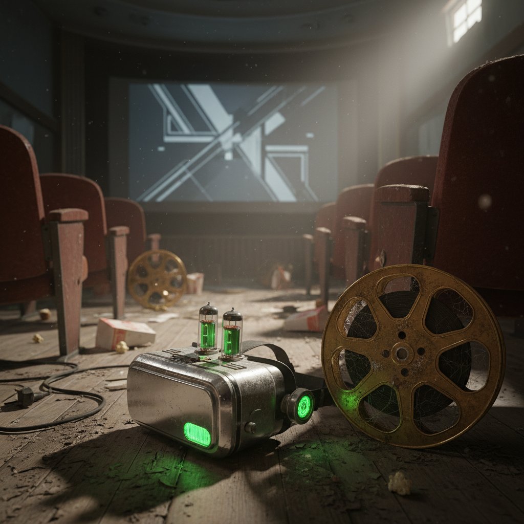 Retro-futuristic VR headset on a dusty movie reel in a forgotten cinema, VR comedy movies style