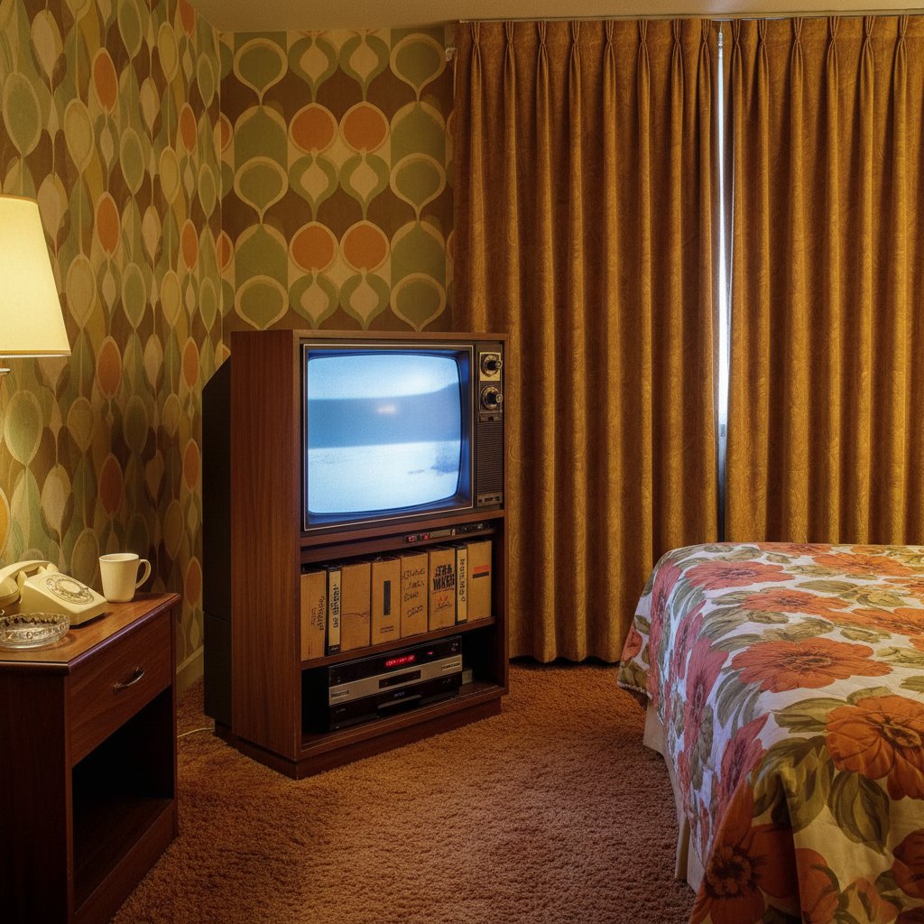 Retro hotel room with old TV and VHS tapes, nostalgic, warm tones, 1980s vibe. A vintage hotel room with an old television and a stack of VHS tapes, evoking nostalgia and highlighting the evolution of movie experiences in hospitality.