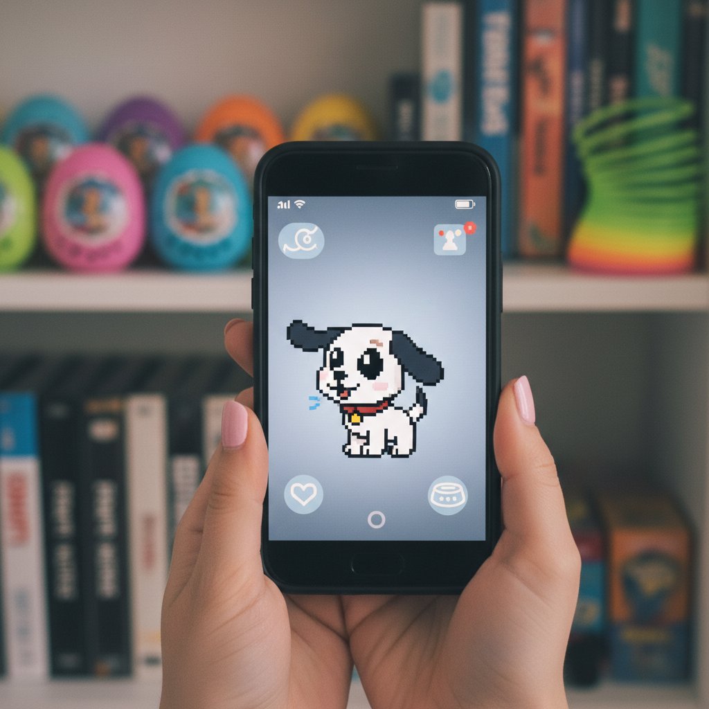 Altes Tamagotchi trifft auf modernes Smartphone mit virtuellem Hund – 90s-Nostalgie in neuem Licht, Virtuelles Haustier Erfahrungsberichte