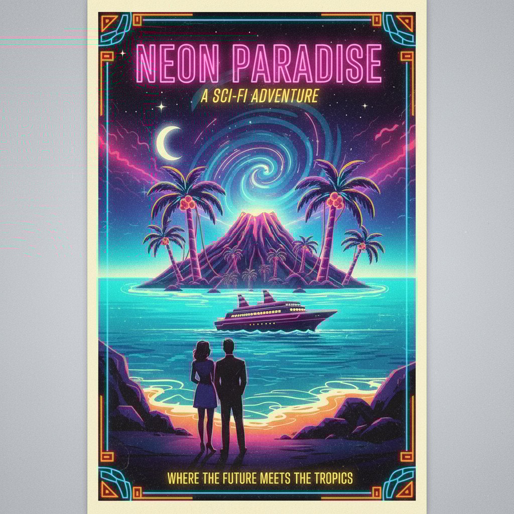 Retro poster image of an '80s island thriller, neon highlights and palm trees
