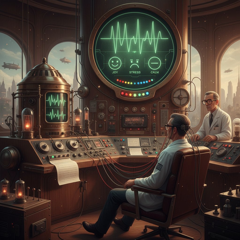 Retro laboratorium z poligrafem, badacz i osoba podłączona do aparatury