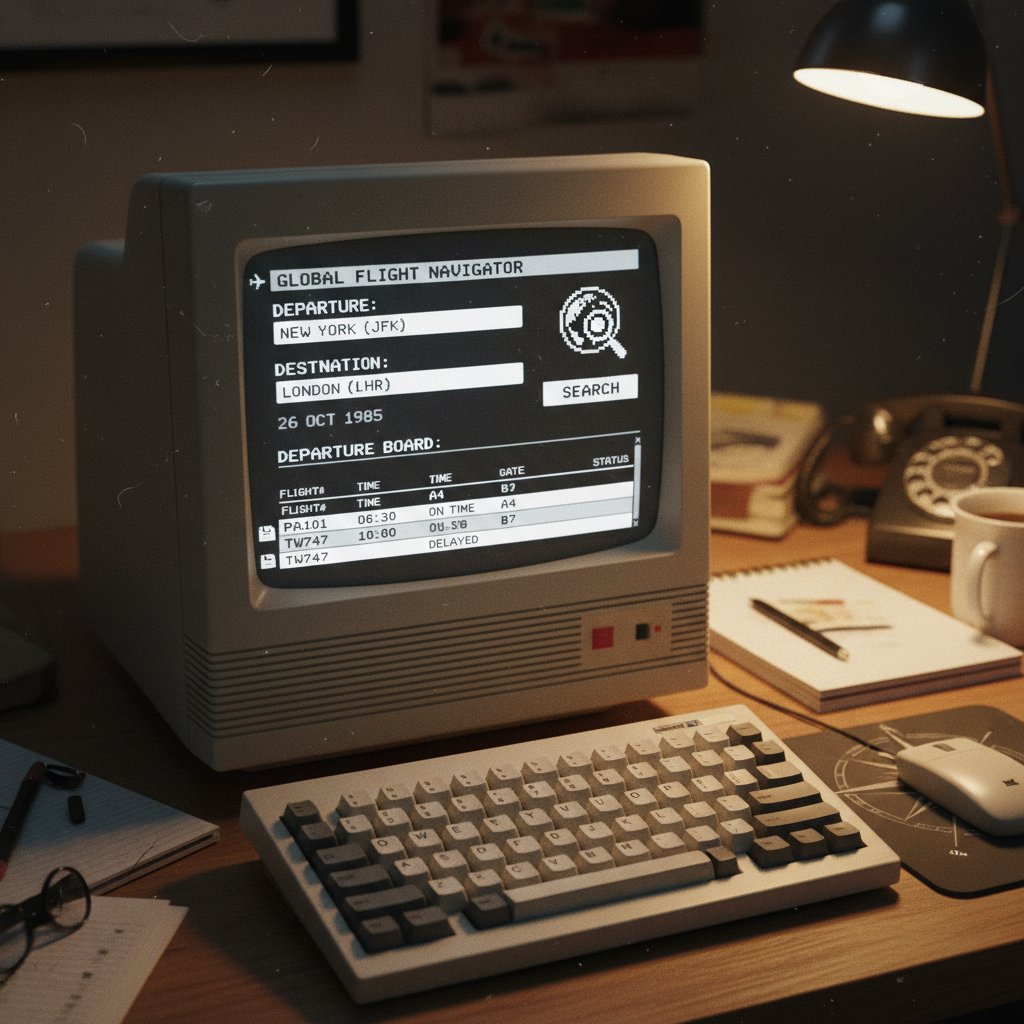 Retro Mac interface with a primitive flight search dashboard open, illustrating the early days of mac flights