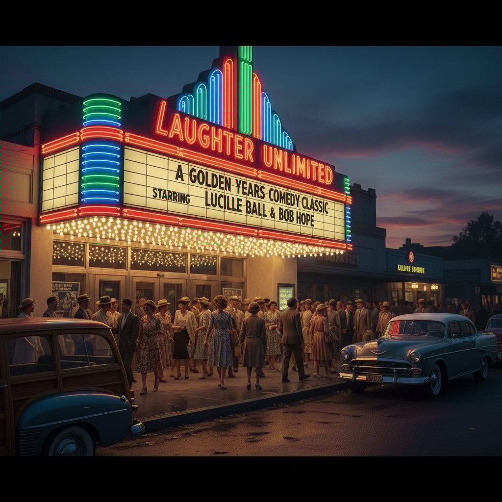 Retro movie theater marquee at dusk with neon lights and crowds for golden years comedy