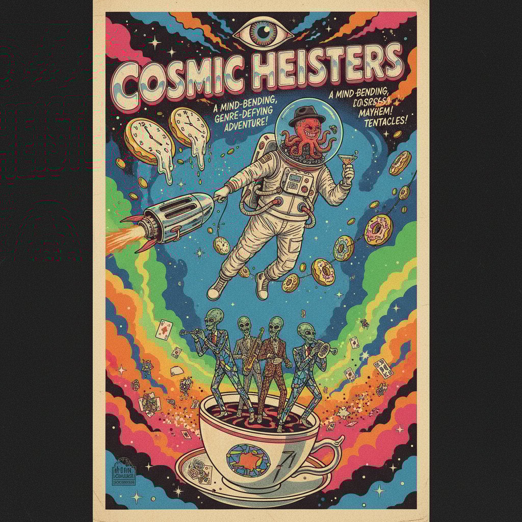 Retro movie poster with surreal, genre-mixing elements for cult classic post genre comedy