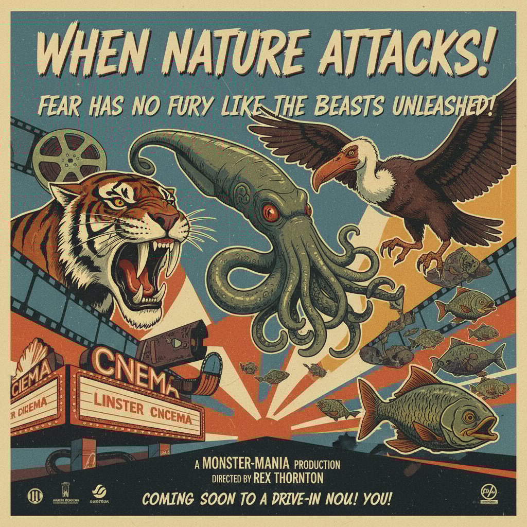 Retro movie poster collage with exaggerated animal threats