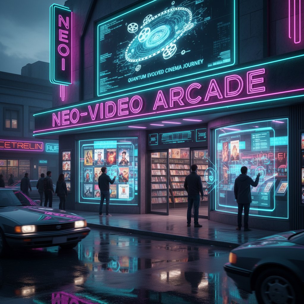 Retro movie store clerk giving advice, contrasted with futuristic digital interface on a screen