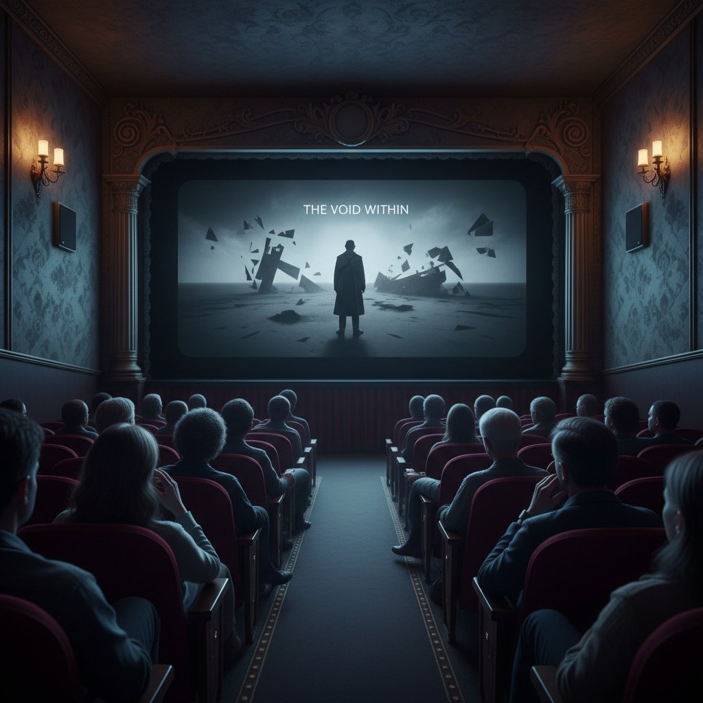 Audience watching classic existential film in vintage theater, retro existential movie experience