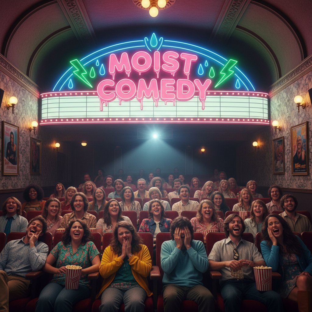 Retro theater with neon sign for moist comedy, audience laughing and cringing