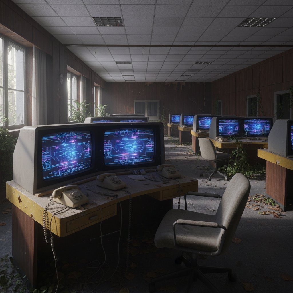 Retro office z opuszczonymi słuchawkami i cyfrowymi dashboardami symbolizującymi upadek cold callingu w polskich firmach