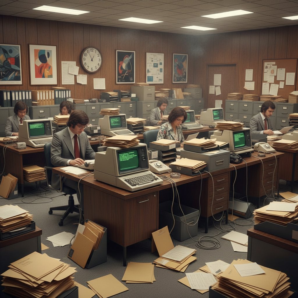 Retro office scene with early computers and overflowing inboxes, symbolizing email productivity software overload in enterprises