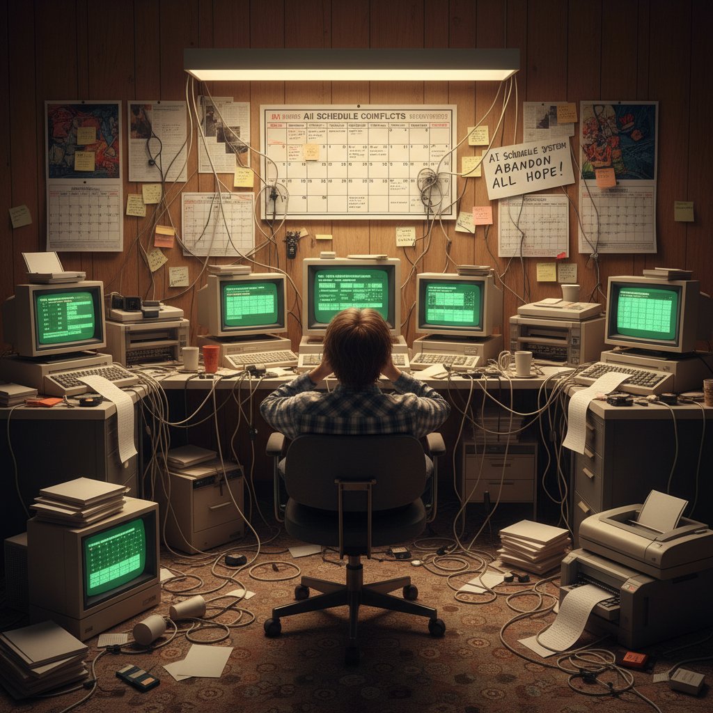Retro office with tangled phone cords and wall calendars, exhausted person juggling calls, AI scheduling chaos