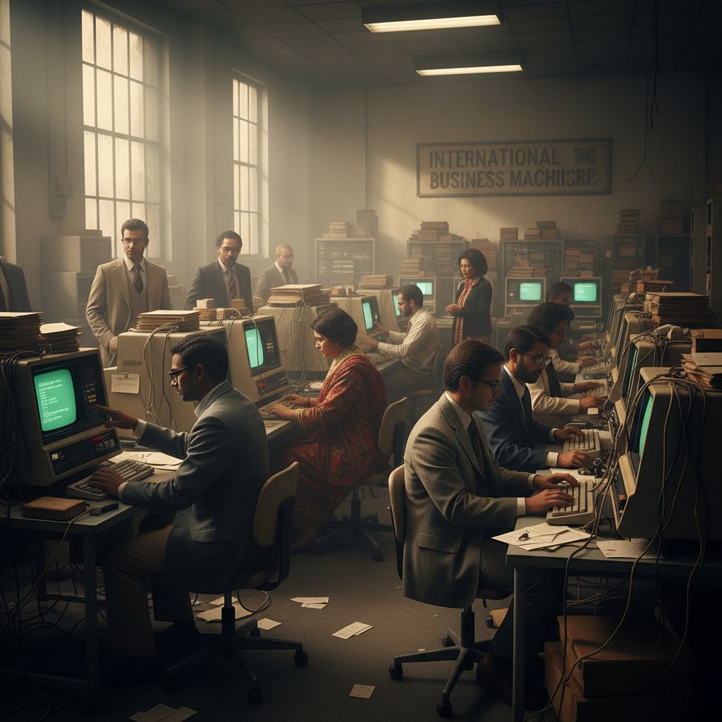 Historyczne początki modelu Hofstede w IBM – czarno-białe zdjęcie pracowników przy komputerach, klimat lat 70.