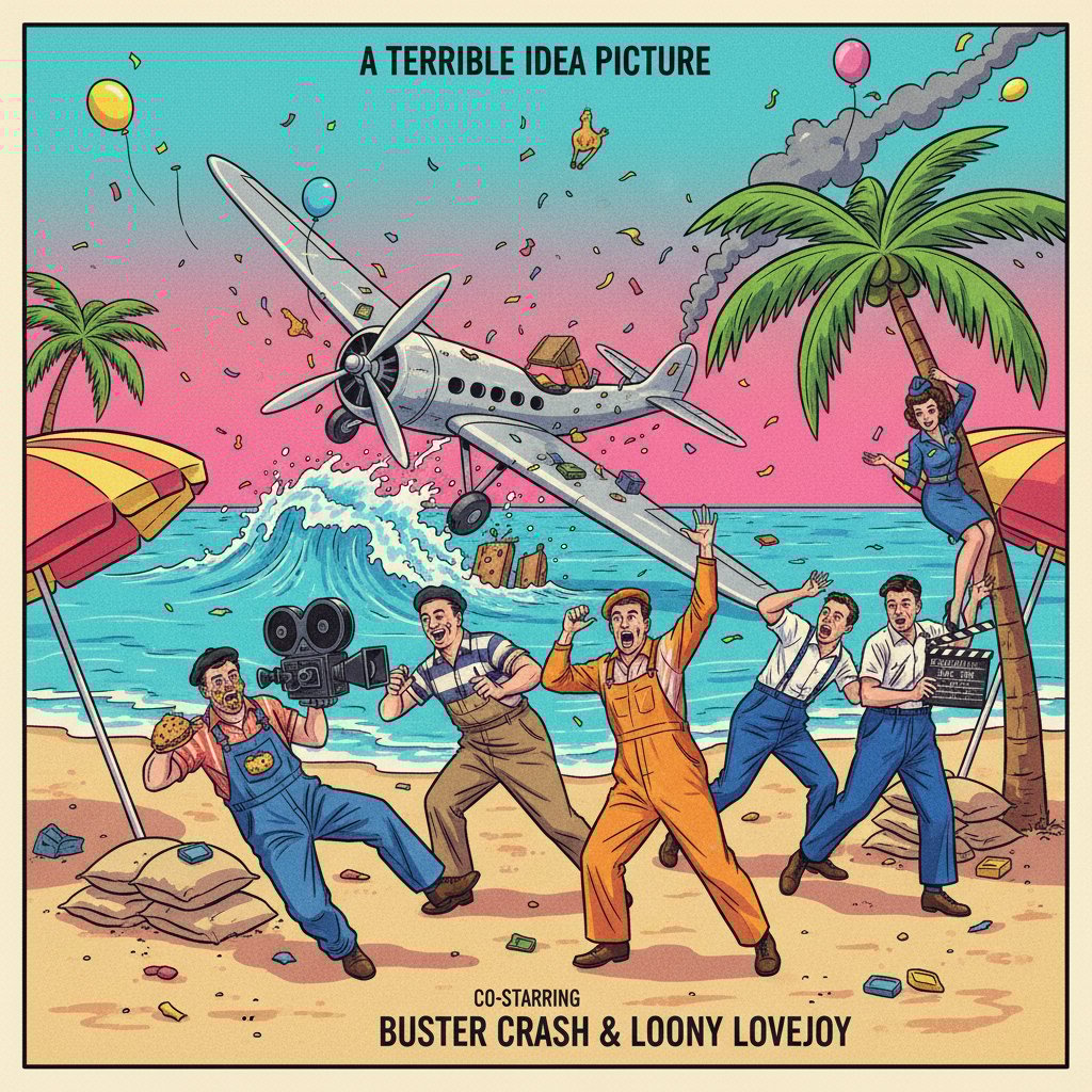 Parody of disaster movies being filmed in the 1980s, retro-styled film crew and slapstick airplane crash scene