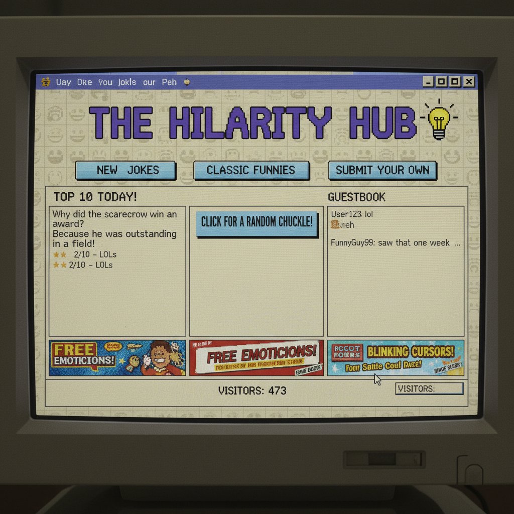 Retro zrzut ekranu starego serwisu z dowcipami, przestarzały interfejs, niskie zaangażowanie