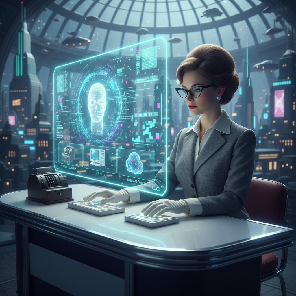 Retro-modern blend photo: vintage secretary with futuristic AI interface, symbolizing the evolution of online personal assistant solutions