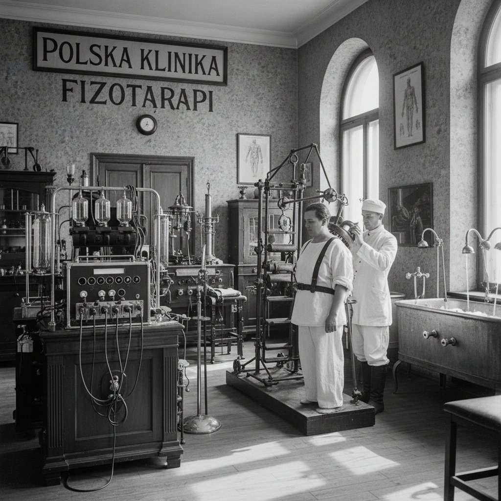 Historyczne zdjęcie pierwszych urządzeń do prądów diadynamicznych w gabinecie rehabilitacyjnym