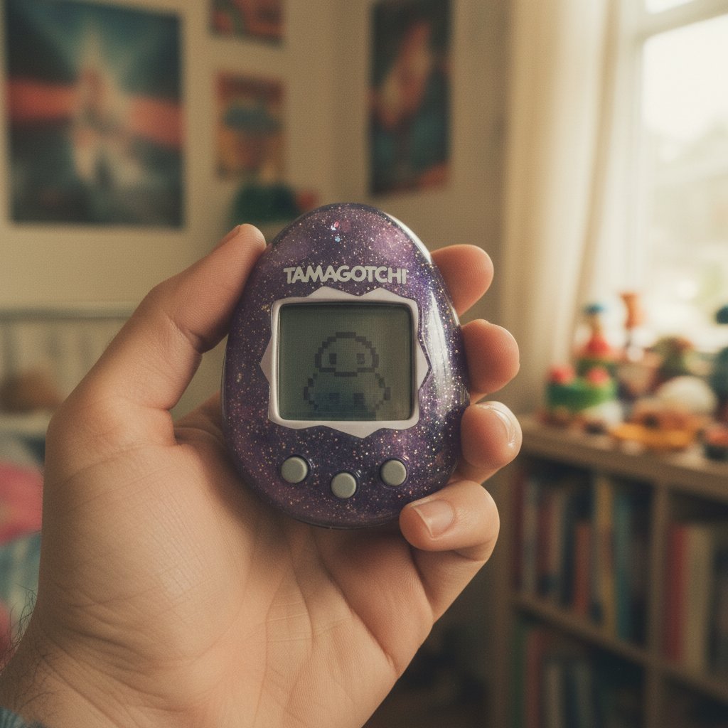 Klasyczny Tamagotchi trzymany w dłoni, symbol dzieciństwa i początków wirtualnych zwierząt