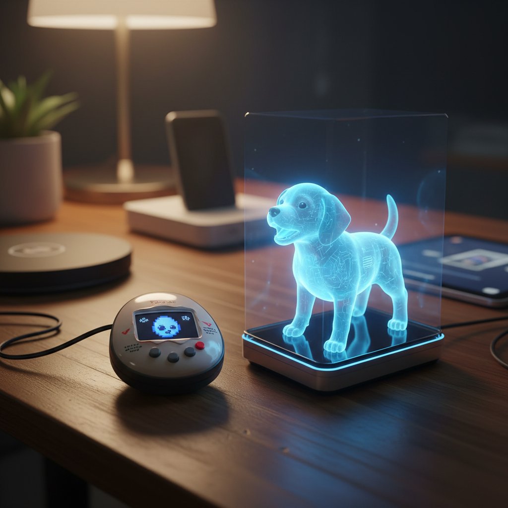 Retro-Tamagotchi und moderner virtueller Hund, vereint auf einem Tisch als Symbol für digitale Haustier-Evolution