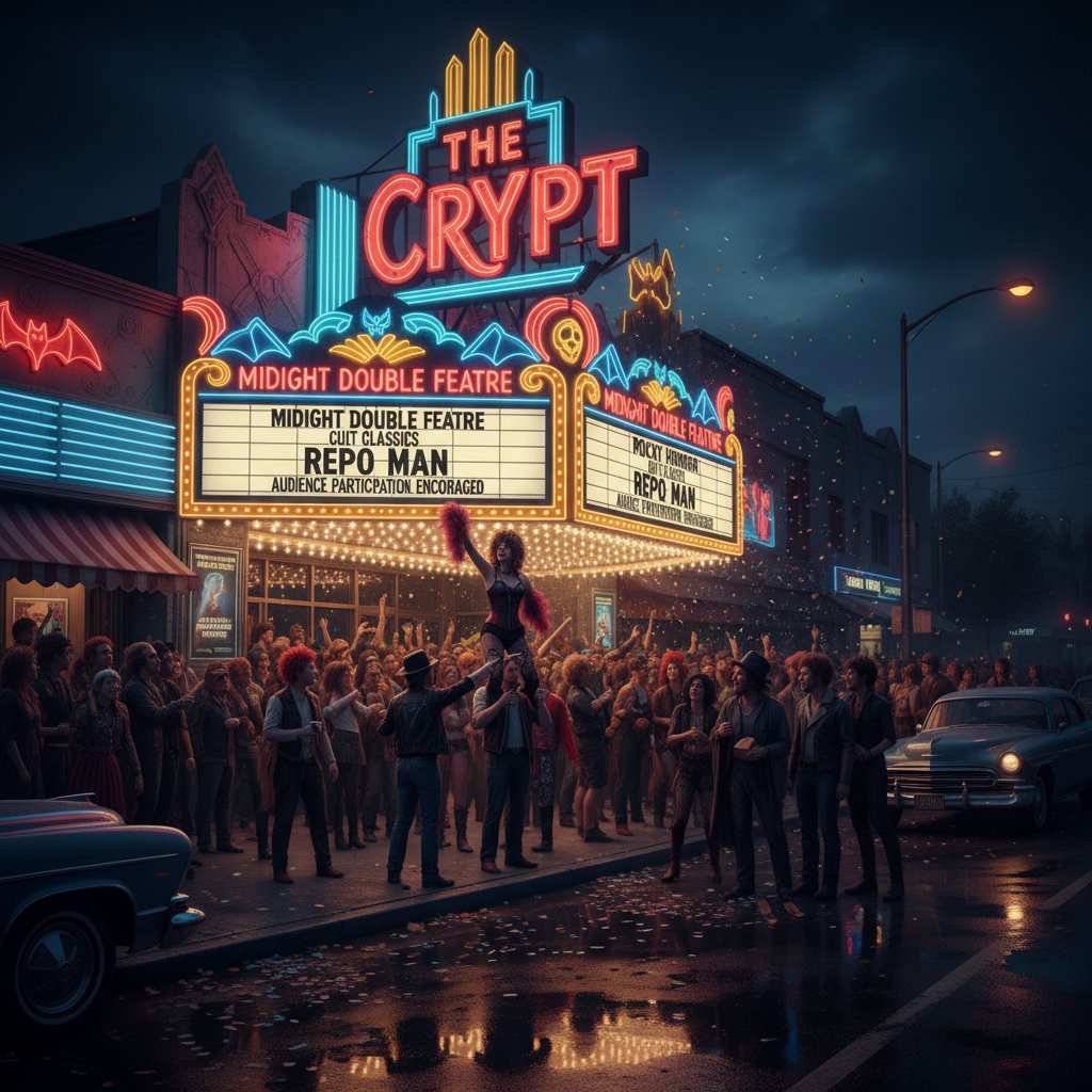 Retro theater marquee glowing at midnight with excited crowd gathering for cult cinema