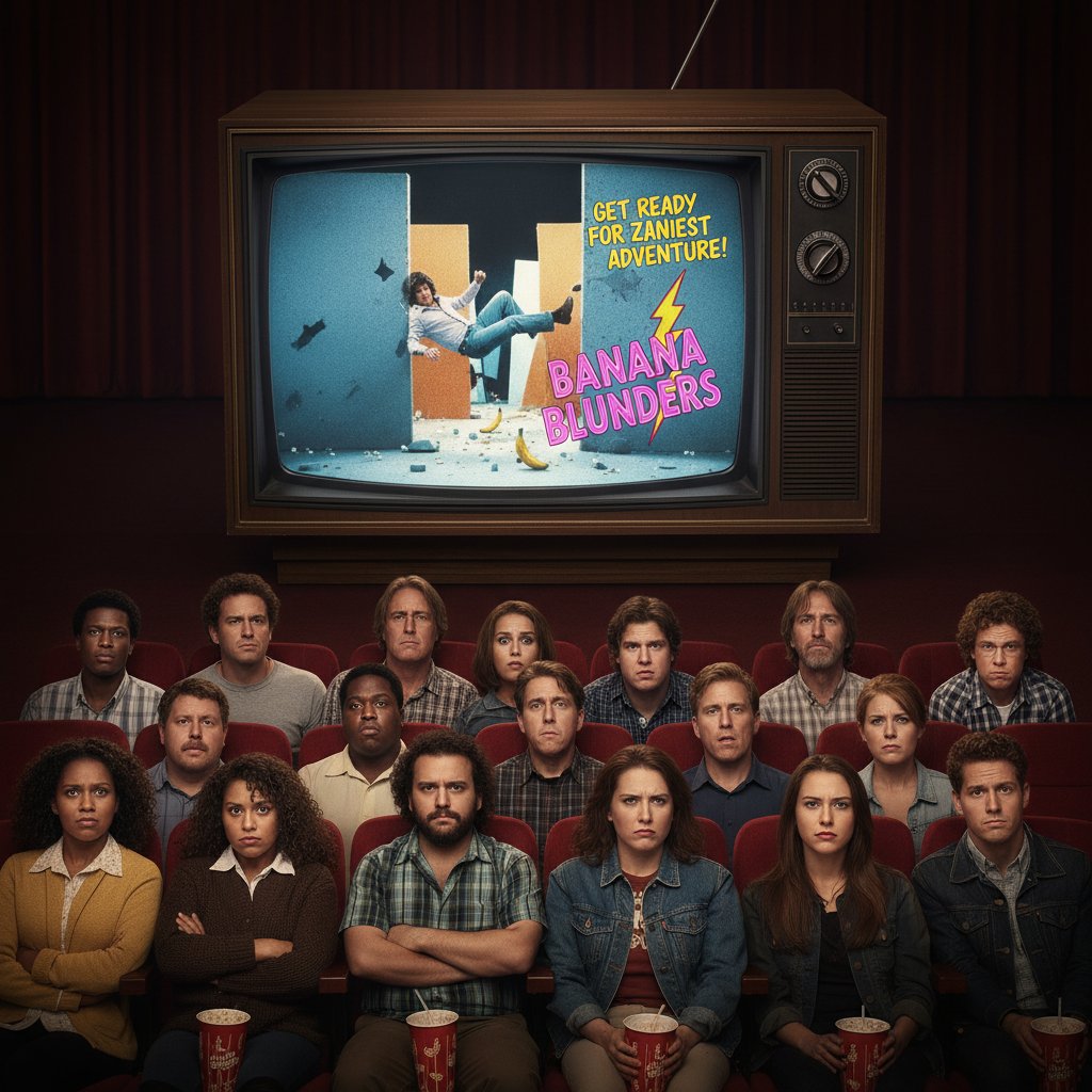 A retro TV showing a flashy comedy trailer, audience members looking unconvinced about movie wasted potential comedy