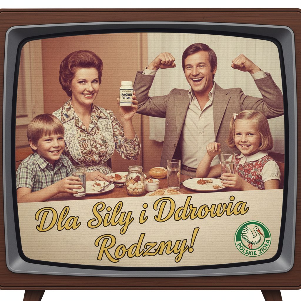Stara reklama telewizyjna polskiego suplementu magnezowego, styl retro, rodzina przy stole