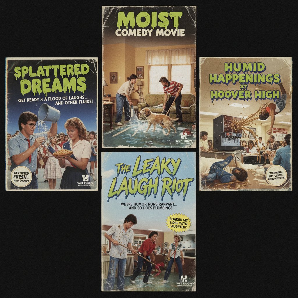 Collage of retro VHS covers from classic awkward comedies, moist comedy movie theme