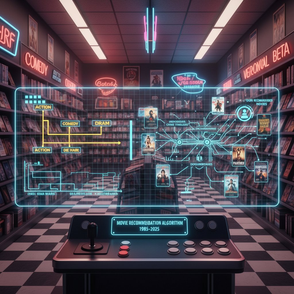 Split photo of retro video store staff and a modern algorithm dashboard, showing movie recommendation engine evolution