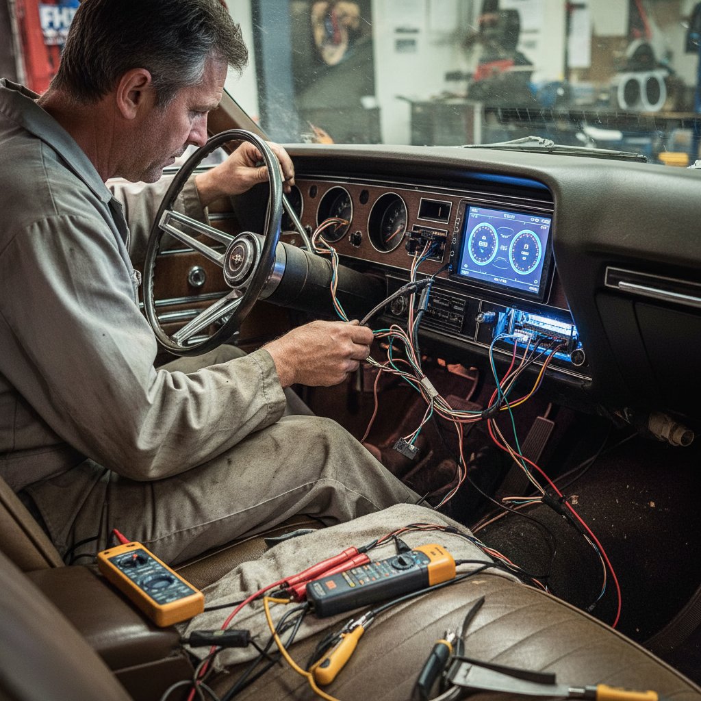 Mechanic installing a digital cluster in a classic car, tools and wiring visible, highlighting the challenges of modernization