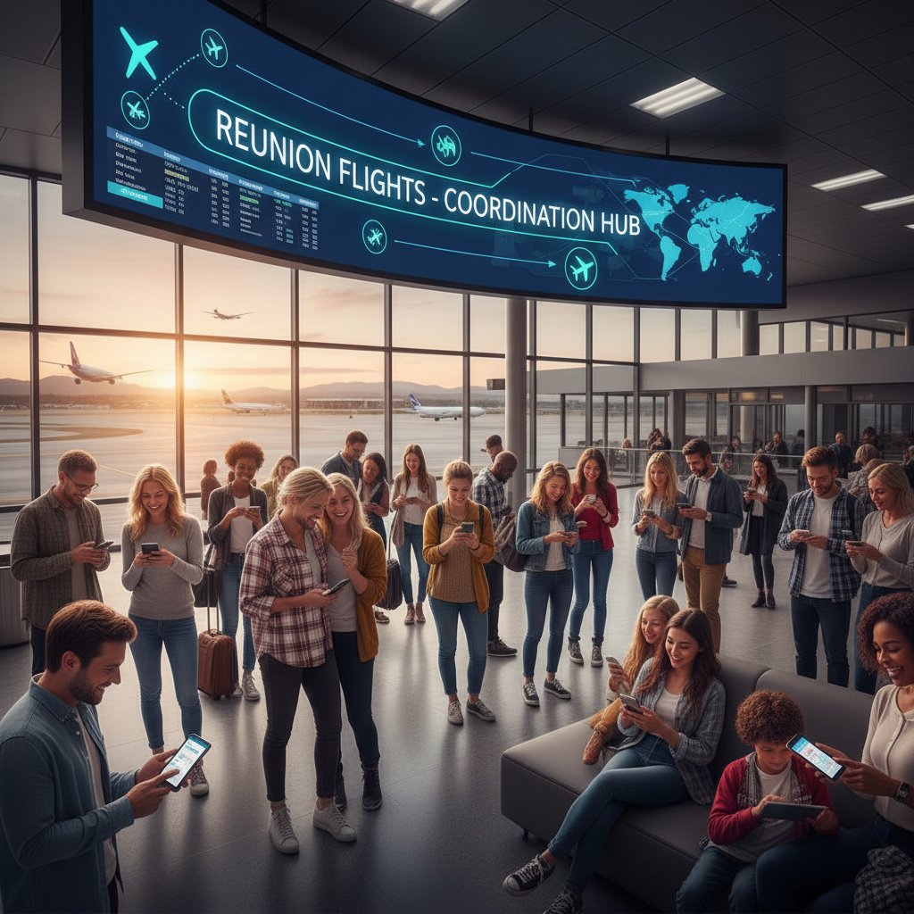 A tech-savvy group uses smartphones and tablets at an airport, planning their reunion flight with AI-driven apps