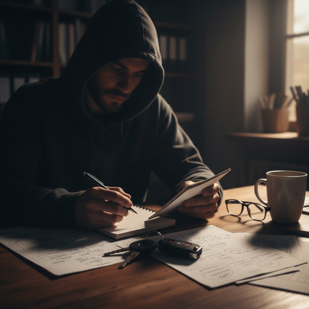 Reviewer in shadow with notes and car keys, moody lighting