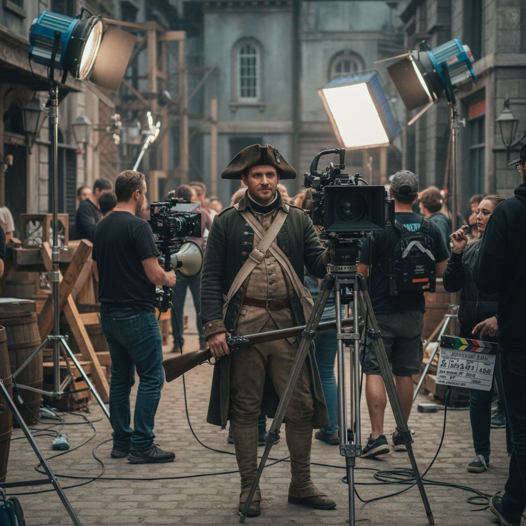 Actor preparing for a revolution movie scene, behind-the-scenes photo with script and costume