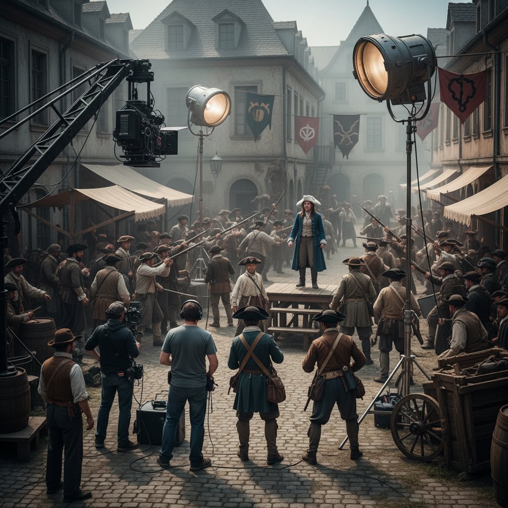Historic set of an early revolution movie, black-and-white photo showing vintage cameras and actors in costume