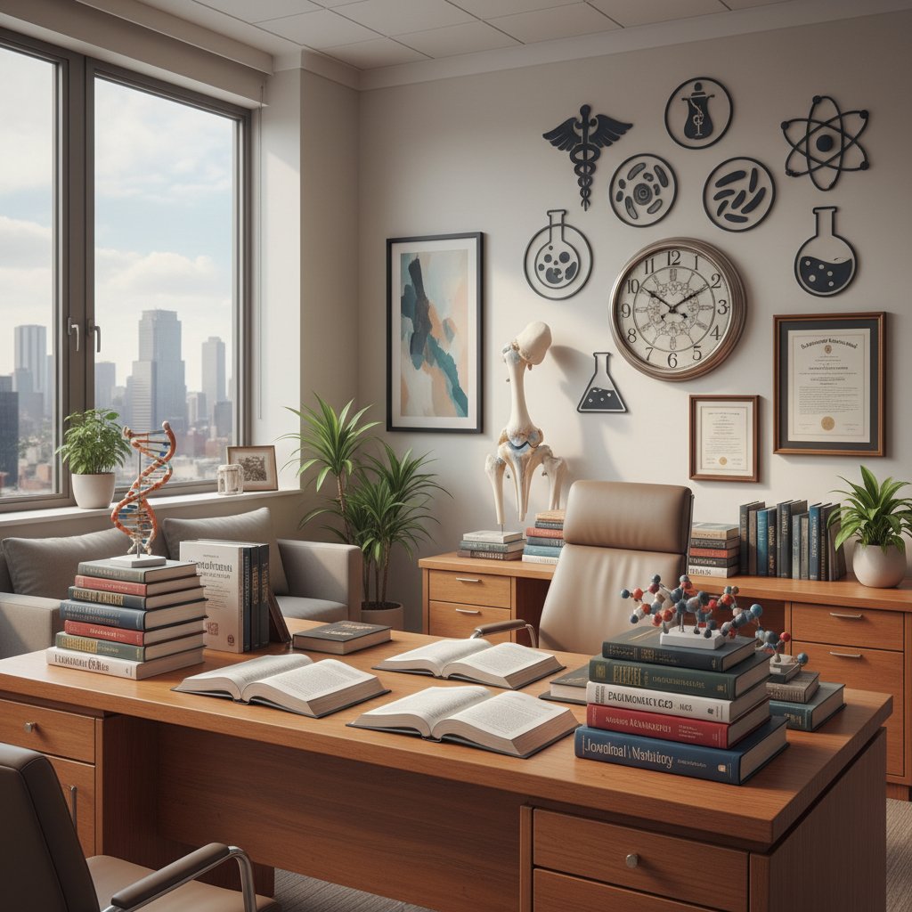 Gabinet reumatologa z książkami medycznymi i symbolami nauki