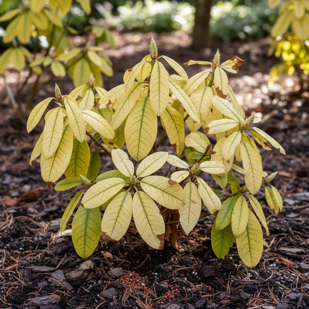 Liście rododendronu z objawami chlorozy, żółte przebarwienia na tle ciemnozielonych liści