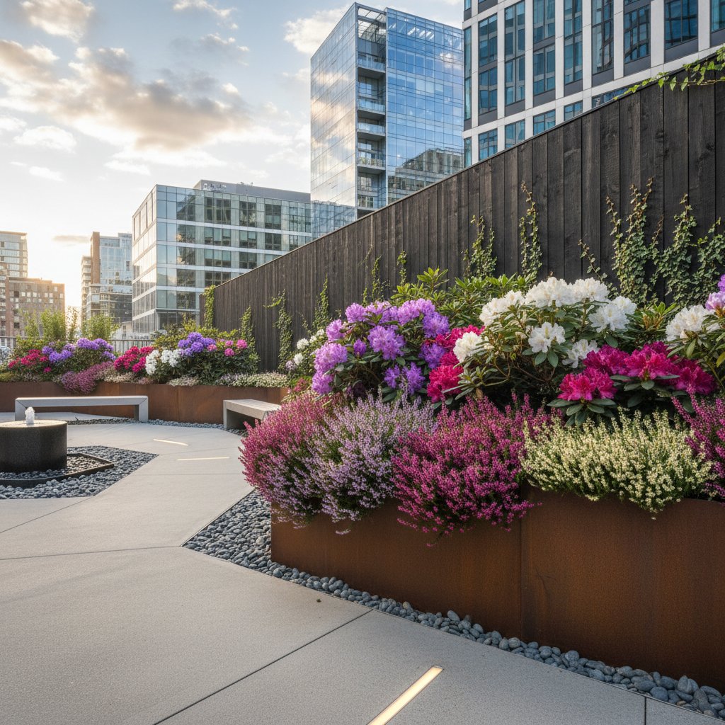 Nowoczesny dziedziniec miejskiego bloku obsadzony rododendronami, wrzoścami i modrzewnicą – kontrast zieleni i betonu