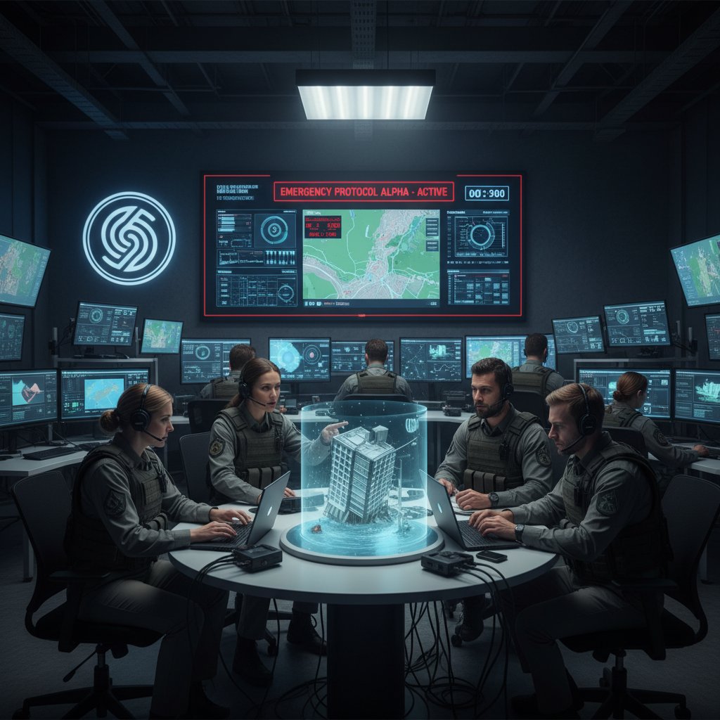 Specjaliści analizujący ryzyka na spotkaniu przed wdrożeniem symulacji awaryjnej