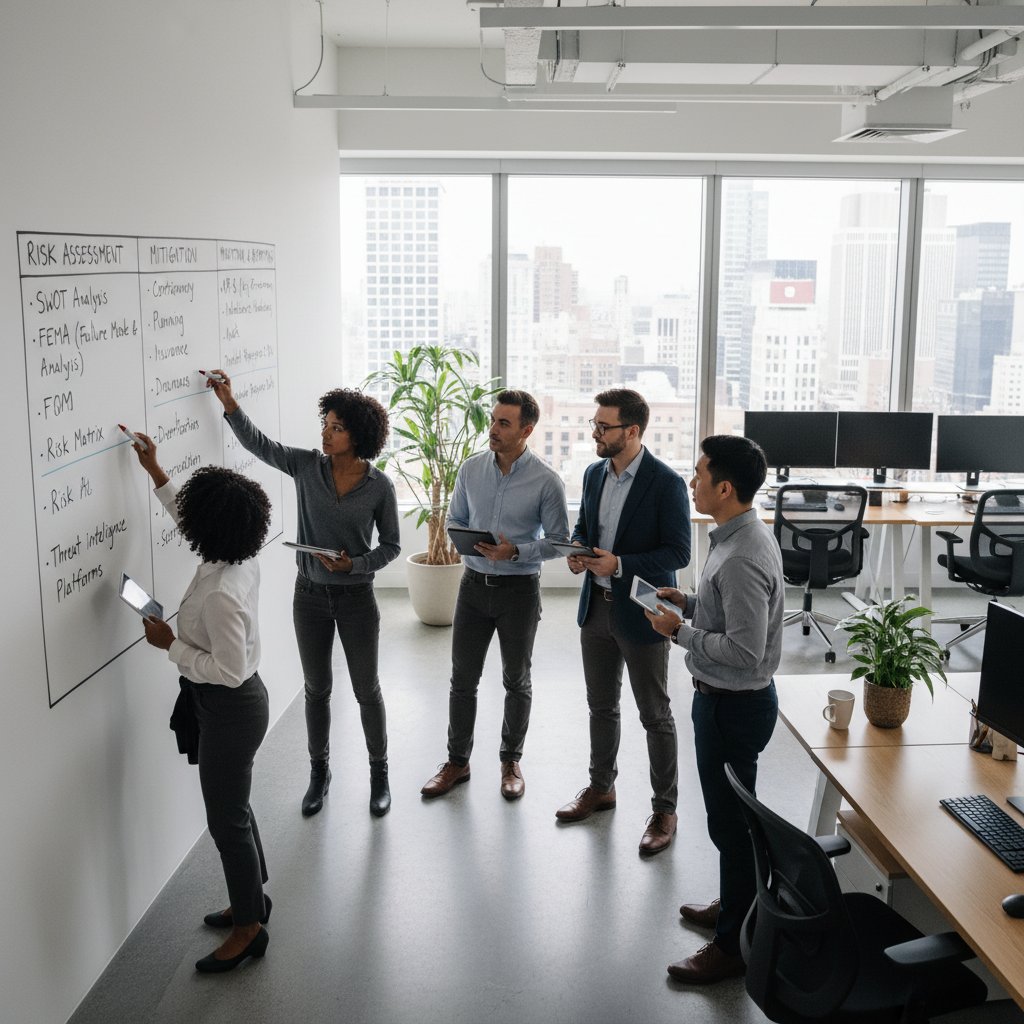 Zdjęcie biura z tablicą porównawczą, zespół analizuje narzędzia do analizy ryzyka online