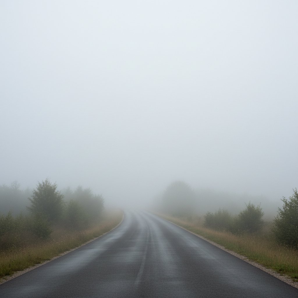 Zacierające się granice na horyzoncie – droga we mgle, światła samochodów