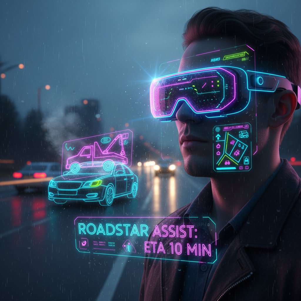 AI interface overlay on dashboard, technician with augmented reality glasses, neon tones, high-tech roadside assistance