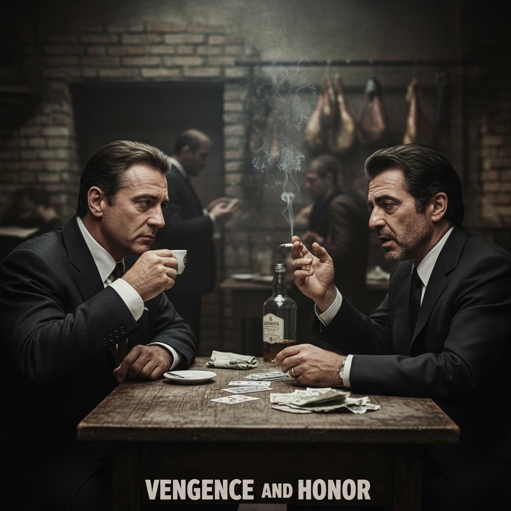 Dramatic face-off between Robert De Niro and Al Pacino in a classic crime movie scene