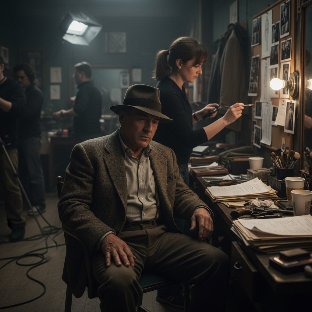 Behind-the-scenes photo of Robert De Niro transforming into a character