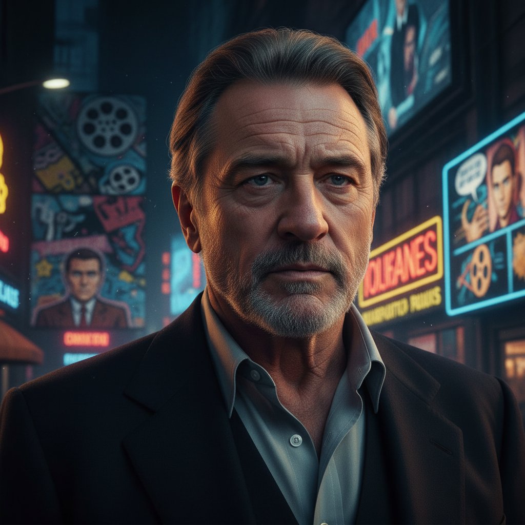 Cinematic portrait of Robert De Niro surrounded by modern pop culture icons and references