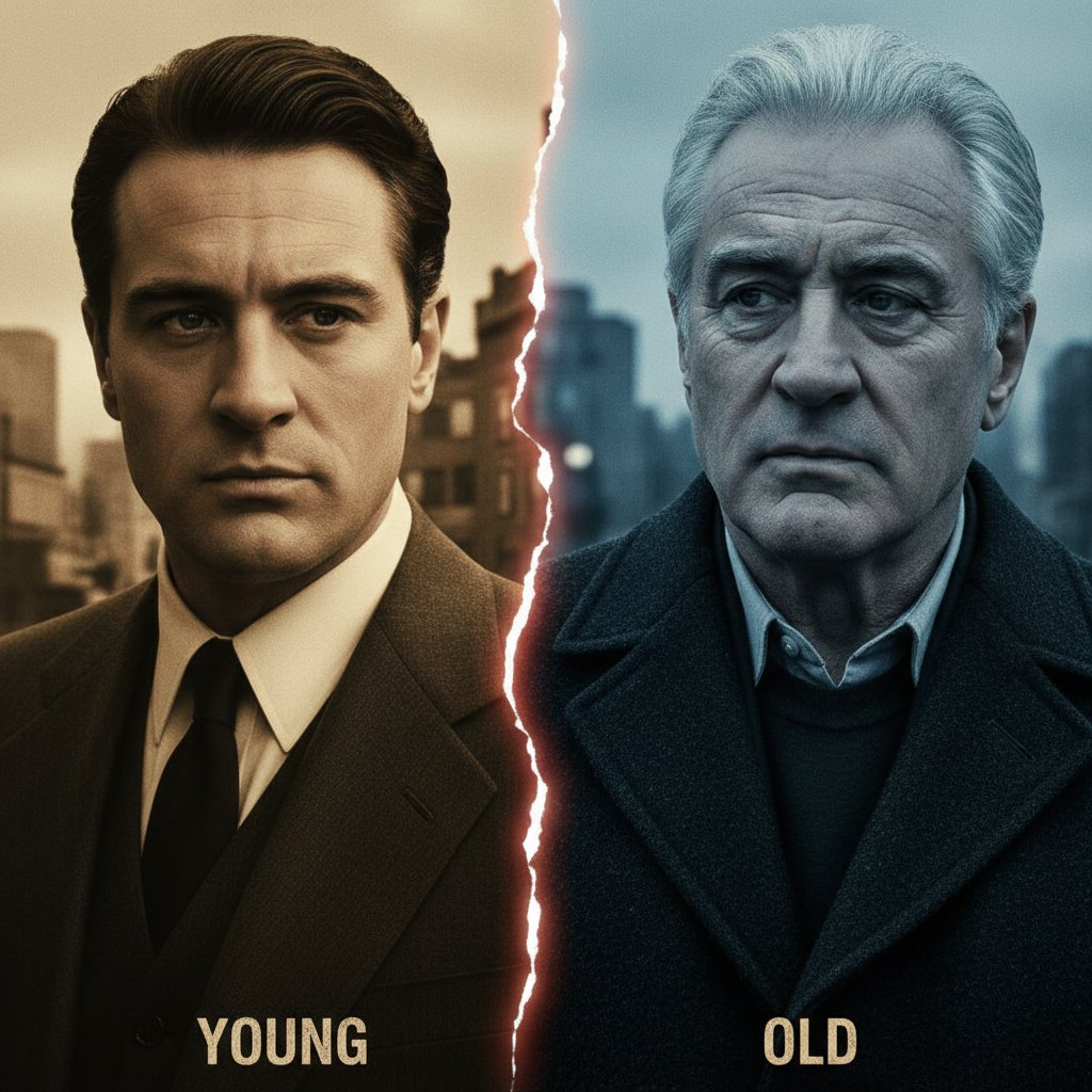 Split image of young and older Robert De Niro, showing transformation over decades