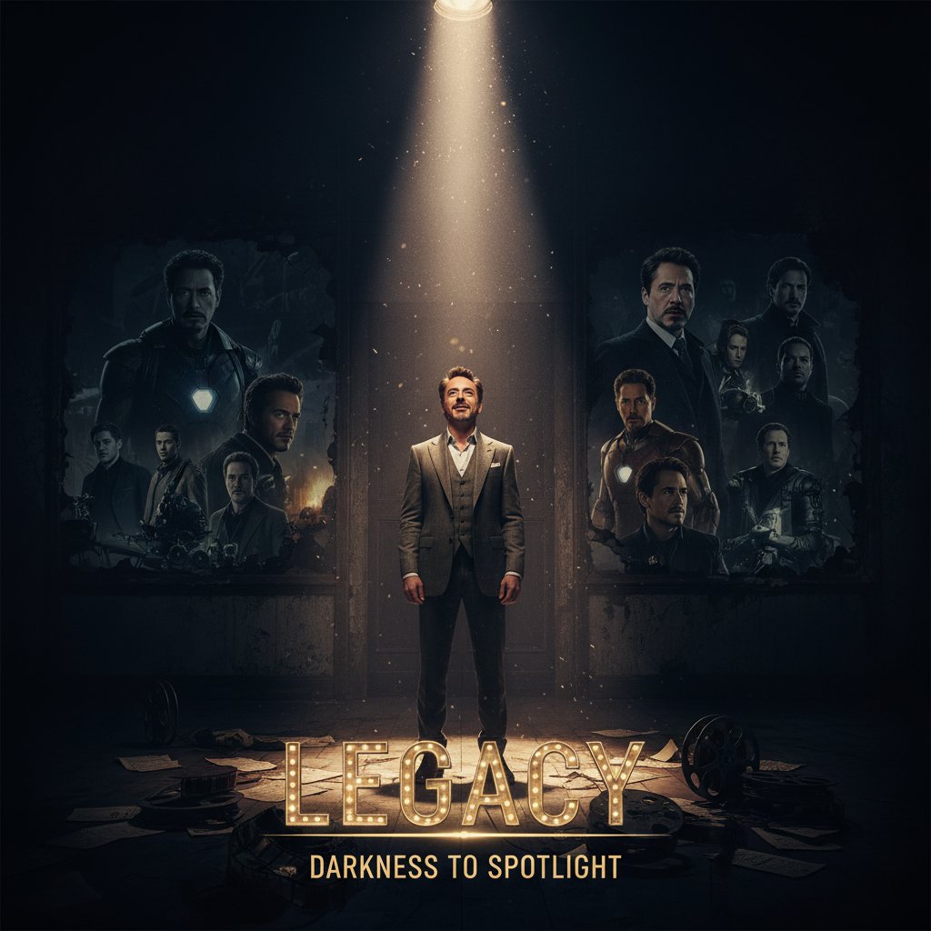 Robert Downey Jr’s legacy in cinema, symbolic photo of an actor walking from darkness into spotlight, hopeful mood, high contrast