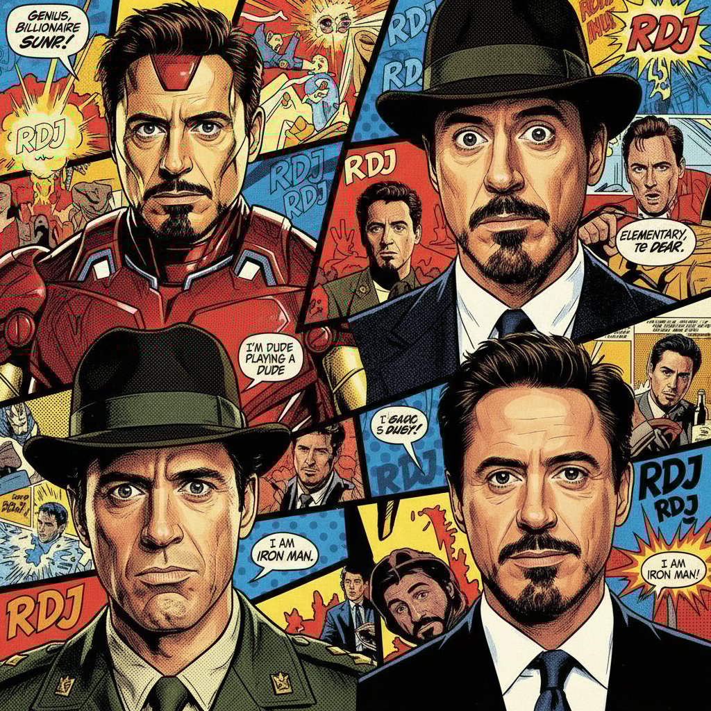 Robert Downey Jr’s genre-defining performances, colorful collage of different roles, film frames overlapping, expressive faces, vibrant pop-art style