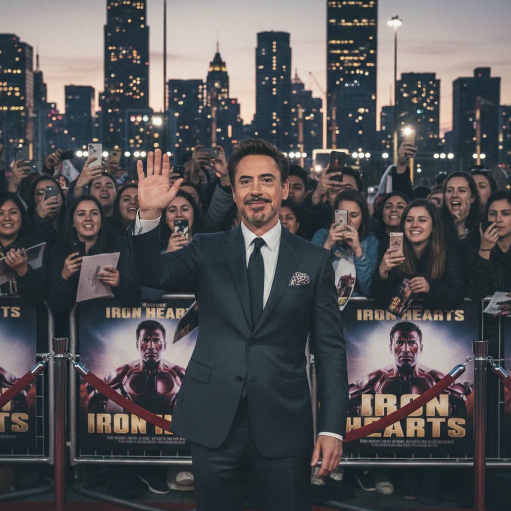 Robert Downey Jr with fans at a film premiere, editorial-style street portrait, dusk cityscape, energetic mood, with movie posters and the actor smiling