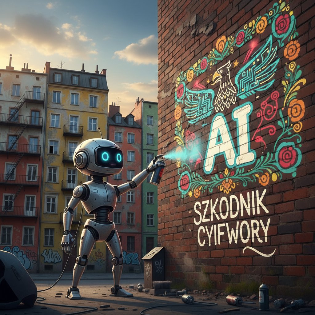 Robot AI próbujący zrozumieć polski slang na murze, tło miejskie, zabawny ton