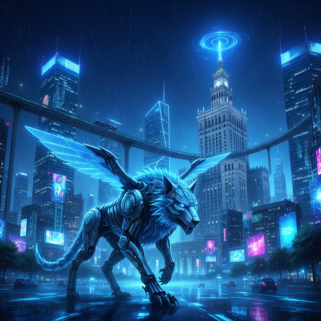 Futurystyczny robot z cechami zwierzęcymi w cyfrowej Warszawie, niebieskie neonowe światła