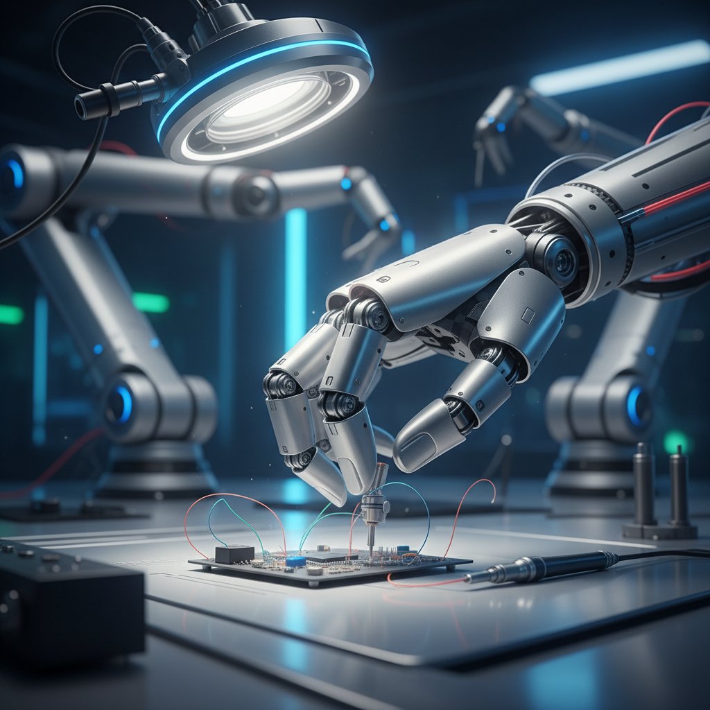 Robot z wyciągniętą sztuczną dłonią wykonuje precyzyjną czynność – symbol pytania o intencje maszyn