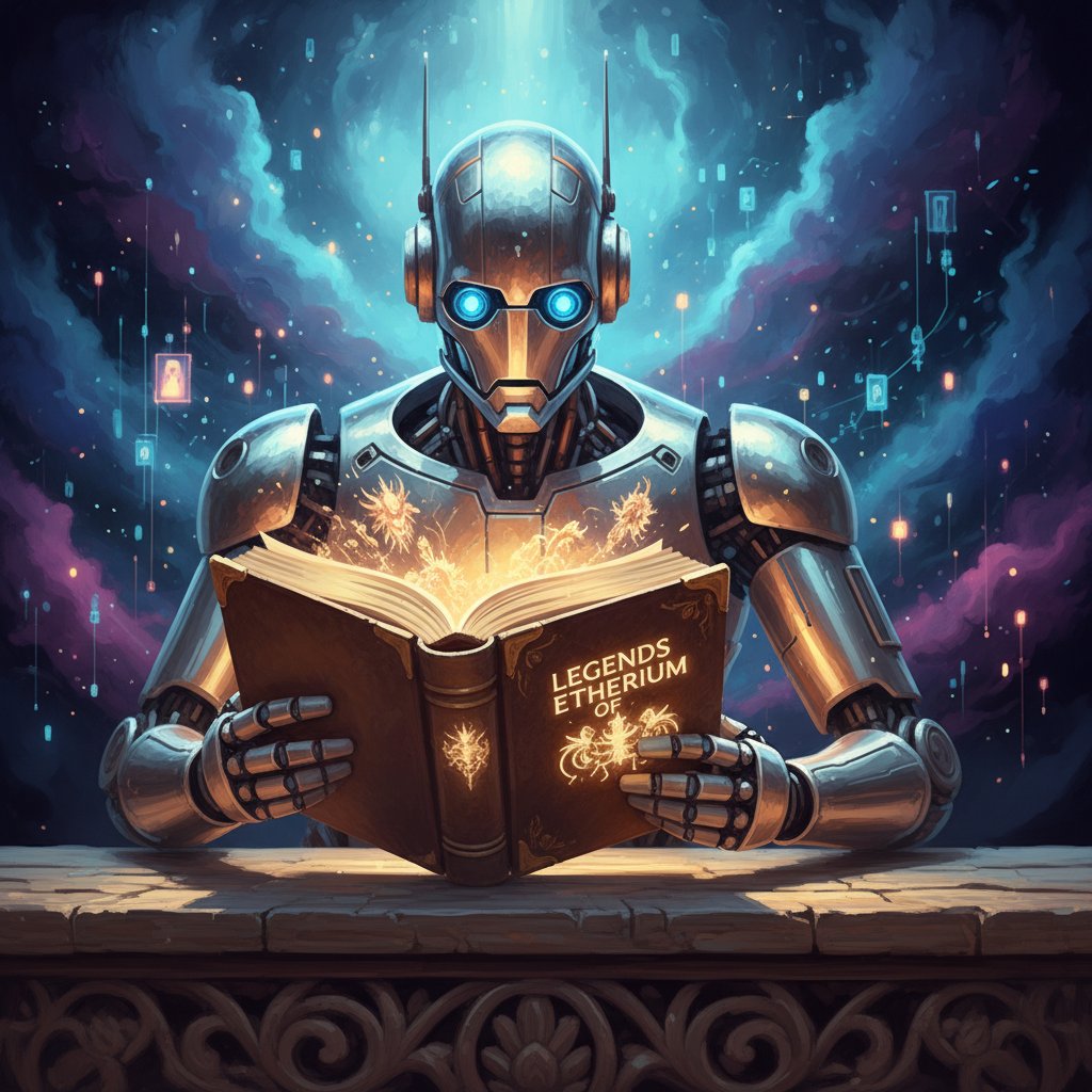 Sztuczna inteligencja jako motyw kulturowy: robot wyłaniający się z książki legend, kontrastowe światło, artystyczna scena